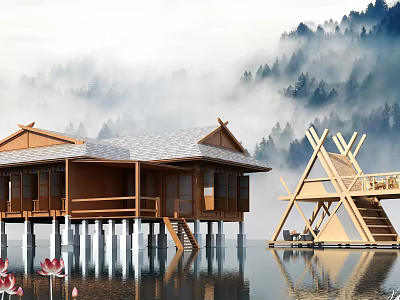 Detached Wooden Villa by the Water with Surrounding Forests Misty Atmosphere and Lotus Flowers 3d model