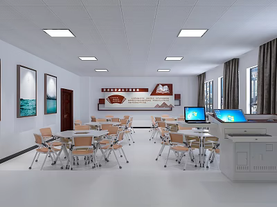 School Classroom Interior With Modern Tables Chairs Computers And Educational Wall Decor 3d model