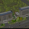 Two Modern Office Buildings With Large Windows And Flat Roof Surrounded By Greenery And Road