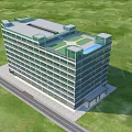 Modern Multi Story Office Building With Glass Curtain Wall And Green Lawn Under Blue Sky