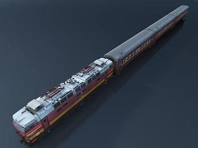 Electric Train With Red And Yellow Locomotive And Multiple Carriages On Railway Track 3d model