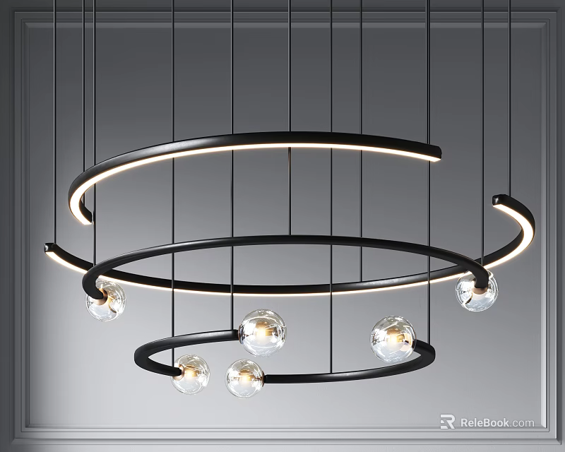 Modern Circular Chandelier With Black Metal Frame And Glass Ball Bulbs 3d model 