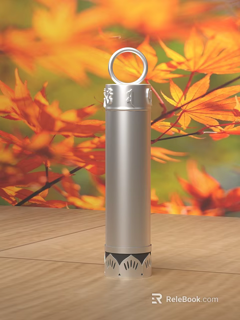 Silver Vacuum Flask On Wooden Table With Orange Maple Leaves Background 3d model