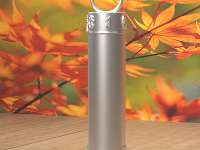 Silver Vacuum Flask On Wooden Table With Orange Maple Leaves Background 3d model