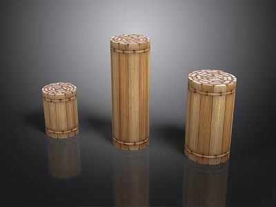 Bamboo Furniture Three Cylindrical Decorative Pieces With Intricate Carved Tops And Natural Finish 3d model