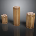 Bamboo Furniture Three Cylindrical Decorative Pieces With Intricate Carved Tops And Natural Finish