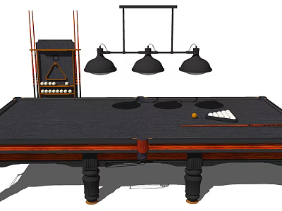 Professional Billiard Table Setup With Cue Sticks Balls Rack And Hanging Lights 3d model