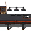 Professional Billiard Table Setup With Cue Sticks Balls Rack And Hanging Lights
