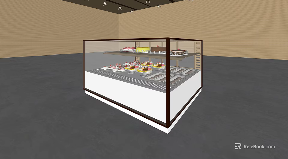 Glass Display Cabinet Shelf with Multiple Layers Showcasing Colorful Desserts for Bakery Shop 3d model 