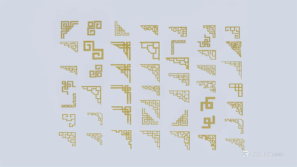 Golden Traditional Carvings With Various Ornamental Patterns For Interior Design 3d model 