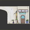 Cute Miniature Shopfront Model With Blue Awning Wooden Door Windows And Brick Pavement