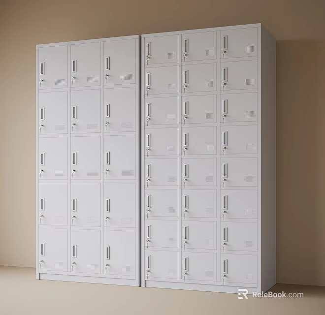 Row Of White Metal Storage Lockers With Multiple Compartments And Locks 3d model 