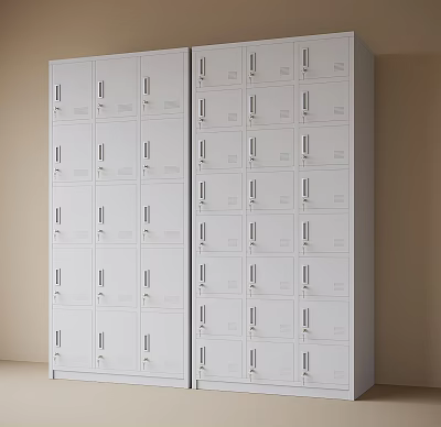 Row Of White Metal Storage Lockers With Multiple Compartments And Locks 3d model