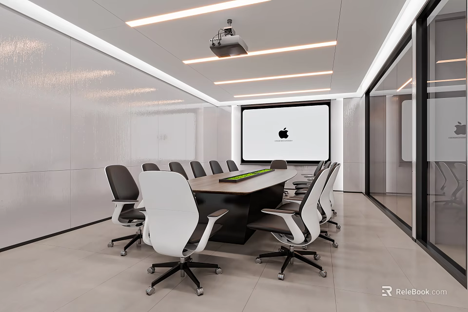 Modern Conference Room Interior With Wooden Table White Chairs And Projector Screen 3d model 