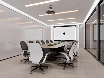 Modern Conference Room Interior With Wooden Table White Chairs And Projector Screen 3d model