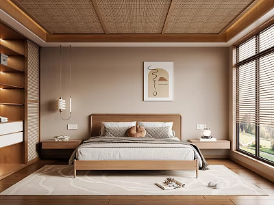Serene Bedroom Interior Design With Wooden Woven Ceiling Beige Walls Wooden Bed And Large Windows 3d model