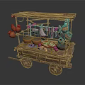 Traditional Wooden Market Cart With Clay Pots Hanging Meat And Bowls