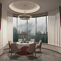 Elegant Private Dining Room With Round Table Large Windows Overlooking Misty Mountain View And Curtains 3d model