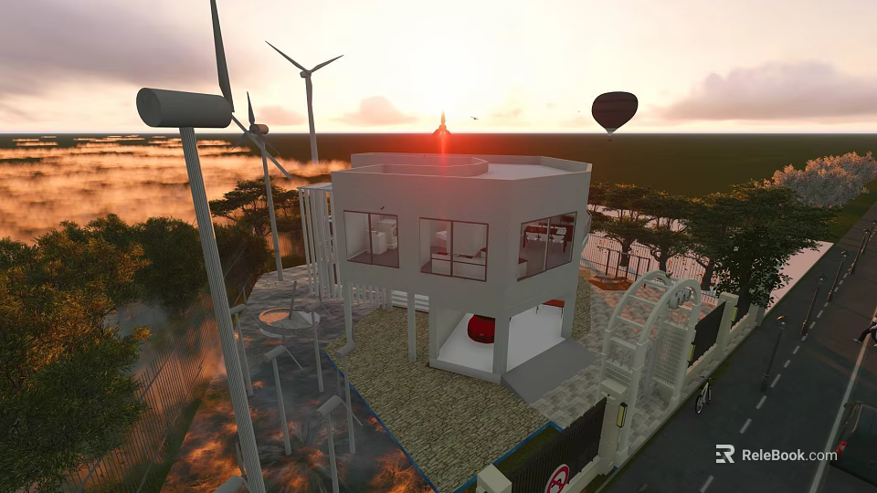 Modern Detached Villa With Wind Turbines Hot Air Balloon And Sunset View 3d model 