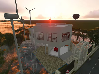 Modern Detached Villa With Wind Turbines Hot Air Balloon And Sunset View 3d model