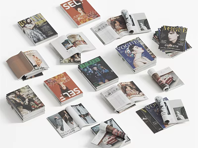 Multiple Open And Stacked Fashion Magazines With Different Covers Featuring Female Models 3d model