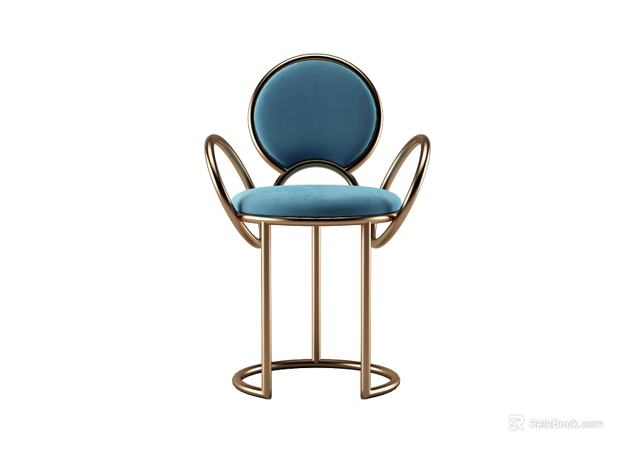 Modern Blue Velvet Bar Stool With Round Backrest And Curved Metal Frame 3d model 