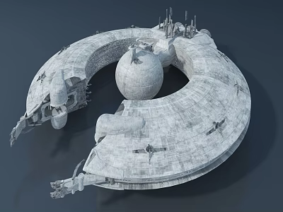 Sci Fi Circular Space Station Structure With Spherical Center And Ruined Parts 3d model