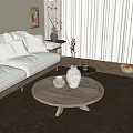 Round Natural Wooden Coffee Table With Decorative Vases Sofa And Curtains In Cozy Living Room