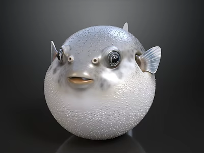 Silver Puffer Fish Doll With Round Shape Big Eyes And Smiling Mouth On Dark Background 3d model