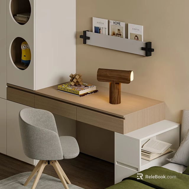Modern Bedroom Interior With Wooden Desk Gray Chair Wooden Lamp Shelf And Books 3d model 