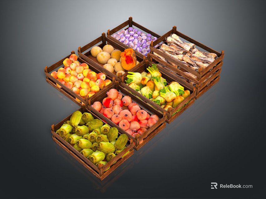 Various Fresh Vegetables Displayed in Multiple Wooden Crates with Colorful Assortment 3d model 