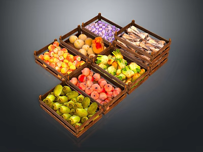Various Fresh Vegetables Displayed in Multiple Wooden Crates with Colorful Assortment 3d model