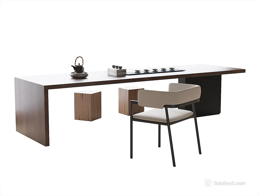 Modern Wooden Tea Table With Teapot Cups Stool And Chair Design 3d model 