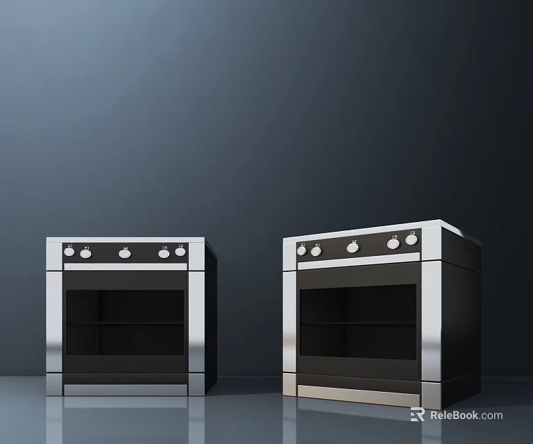 Two Black and Silver Kitchen Ovens Placed Side by Side on Grey Background 3d model 