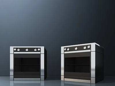 Two Black and Silver Kitchen Ovens Placed Side by Side on Grey Background 3d model