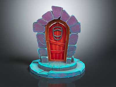 Red Wooden Door Entrance Gate With Purple Stone Frame And Blue Base 3d model