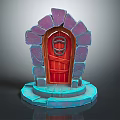 Red Wooden Door Entrance Gate With Purple Stone Frame And Blue Base