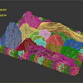 3D Terrain Model with Colorful Mountain Rock Layers and Green Grid Border