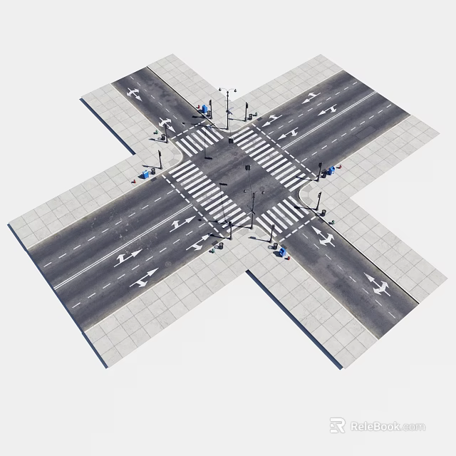 Road Infrastructure With Crossroad Lane Markings Zebra Crossings Traffic Lights And Street Lamps 3d model 