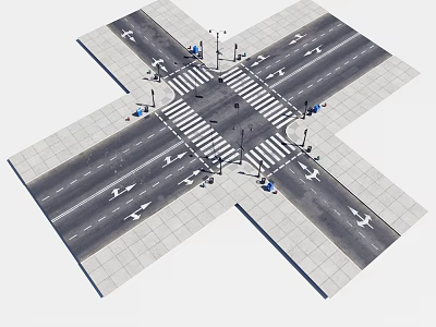 Road Infrastructure With Crossroad Lane Markings Zebra Crossings Traffic Lights And Street Lamps 3d model