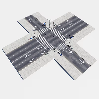 Road Infrastructure With Crossroad Lane Markings Zebra Crossings Traffic Lights And Street Lamps 3d model