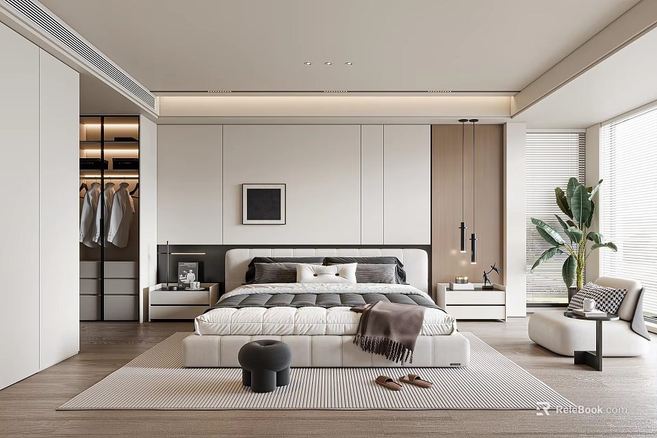 Modern Bedroom Interior With Large Bed Grey Headboard Nightstands Lamps Open Closet And Green Plant 3d model 
