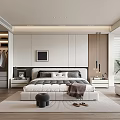 Modern Bedroom Interior With Large Bed Grey Headboard Nightstands Lamps Open Closet And Green Plant