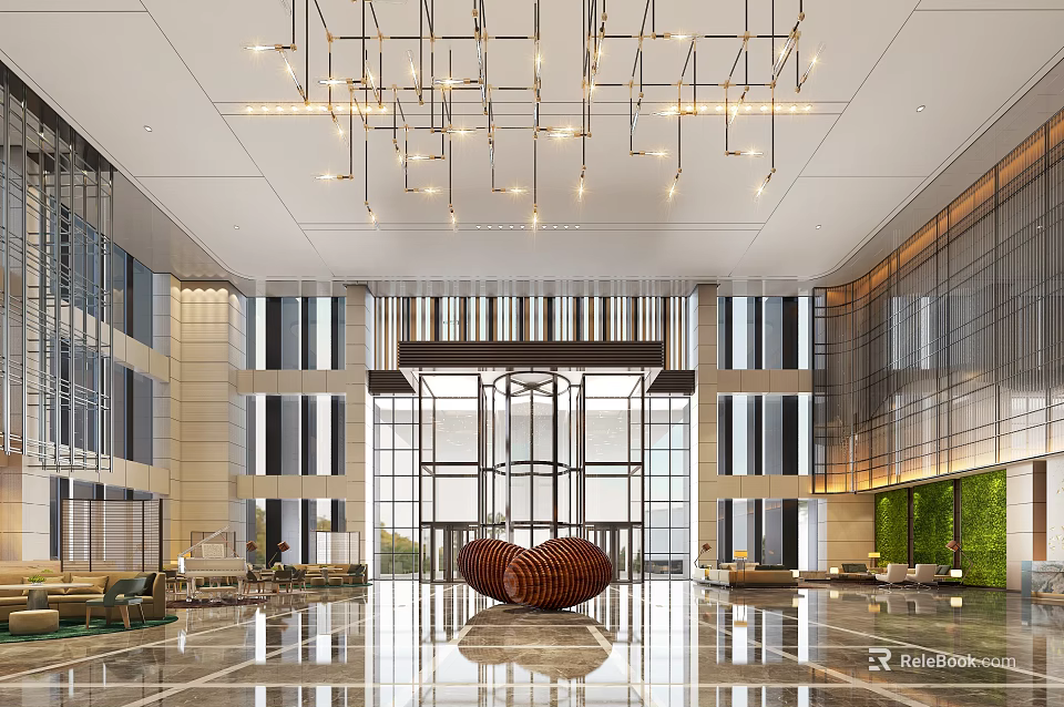 Spacious Modern Hotel Lobby With Elegant Chandelier Large Glass Windows Art Installation And Seating Areas 3d model 