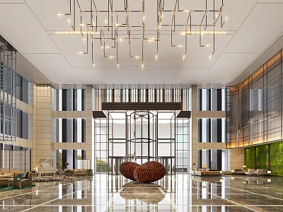 Spacious Modern Hotel Lobby With Elegant Chandelier Large Glass Windows Art Installation And Seating Areas 3d model