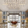 Spacious Modern Hotel Lobby With Elegant Chandelier Large Glass Windows Art Installation And Seating Areas