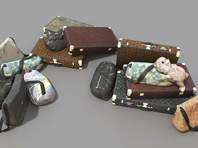 Various Luggage and Bags in Different Styles Materials and Colors with Stuffed Toy on Suitcase 3d model