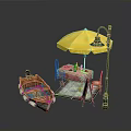 Outdoor Dining Space With Yellow Umbrella Street Lamp Small Boat And Checkered Tablecloth