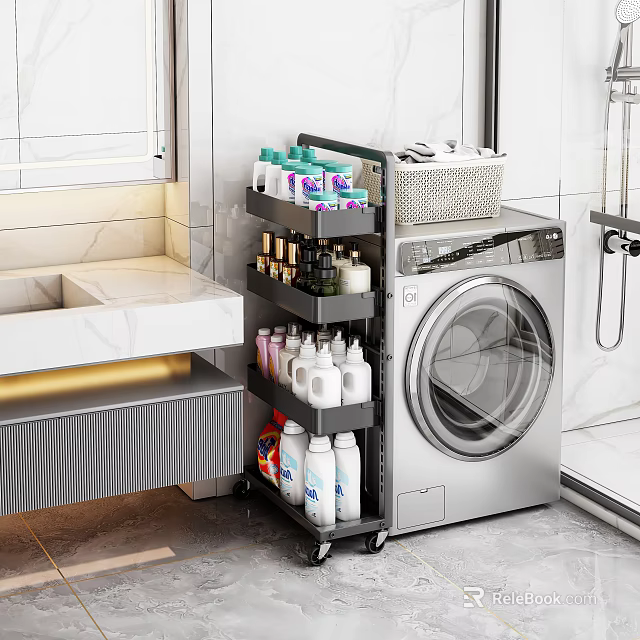 Laundry Room Wheeled Multi tier Storage Shelf With Toiletries Cleaning Supplies And Basket 3d model 