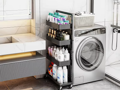 Laundry Room Wheeled Multi tier Storage Shelf With Toiletries Cleaning Supplies And Basket 3d model